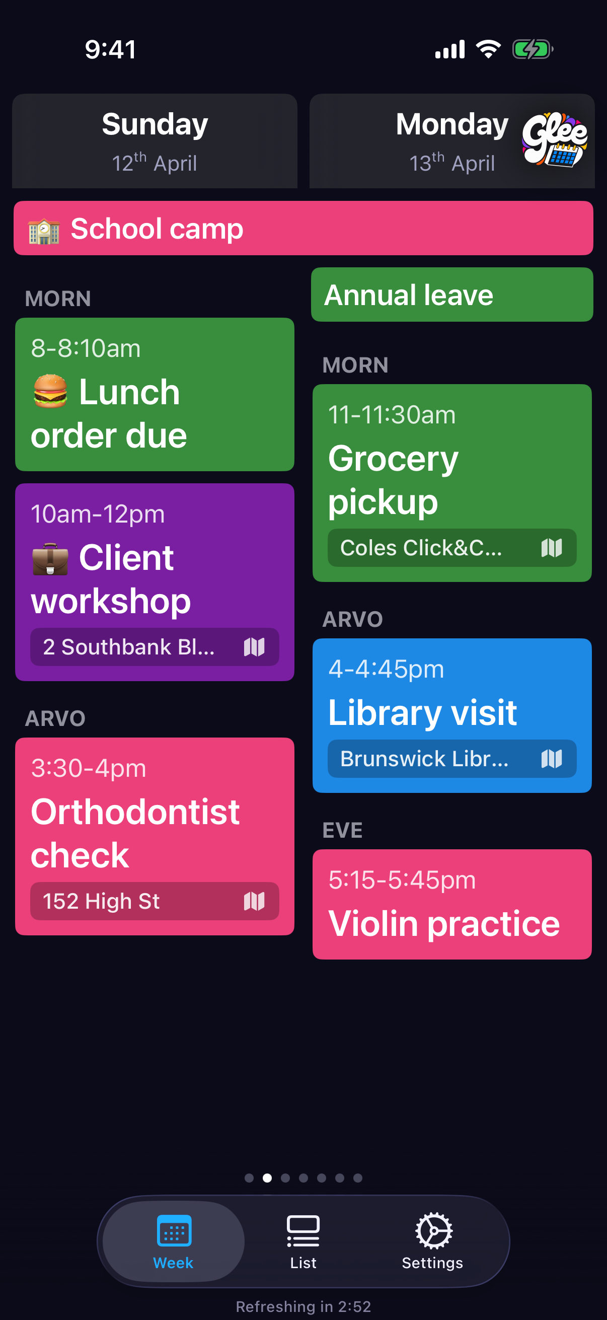 Glee Calendar setup on iPhone